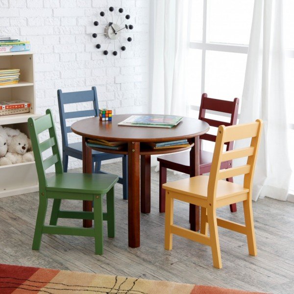 Appealing-Dining-Table-Set-in-Rounded-Design-Finished-with-Various-Colors-of-Childrens-Chairs-in-Green-Yellow-and-Blue-as-well-as-Brown-Color-936x936