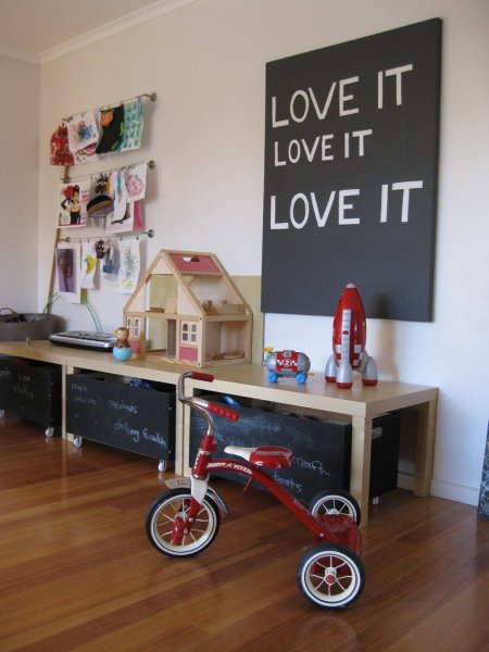 Gorgeous-Chalkboard-Storage-and-Red-Trike-Childs-Playroom-Blonde-Wood