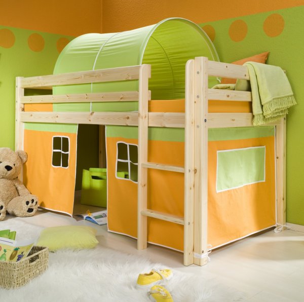 playroom-minnie-solid-pine-natural-midsleeper-bed-with-orange-tent-bed-and-green-wall-paint-color-12-kids-tents-for-beds-kids-tents-and-tunnels-kids-camping-tents-toddler-bed-tent-canopy