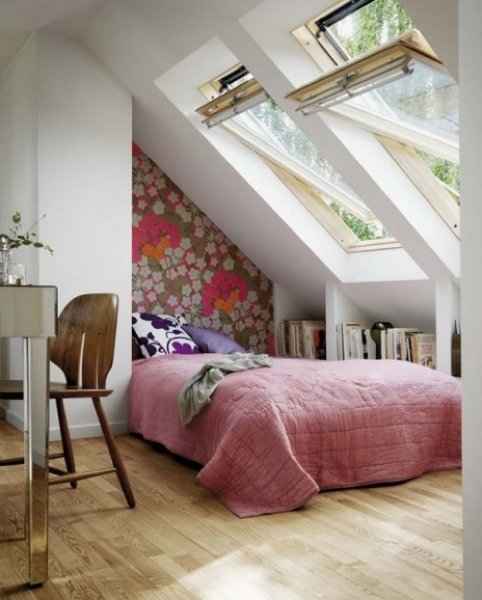 fair-attic-home-interior-design-cozy-windows-floral-pattern-wall-decal-brown-unique-shape-chair-flowers-decor-attic-designs-interior-fabulous-attic-designs-inspiration