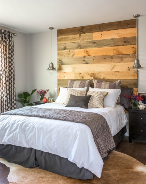 reclaimed-wood-headboard-Bedroom-Contemporary-with-after-area-rug-bed-skirt-cowhide-craftman-dark-wood-decor-DIY-family