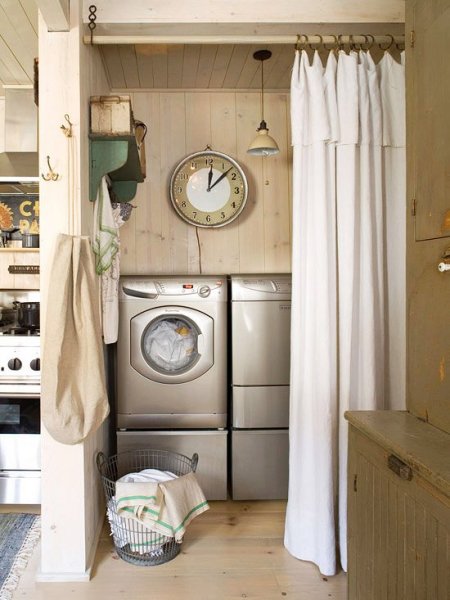 washer dryer behind curtain hidden hide laundry